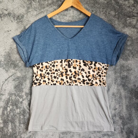 Women's Animal Print Short Sleeve V Neck Colorblocked Top Shirt Short Sleeve NEW - Picture 1 of 7